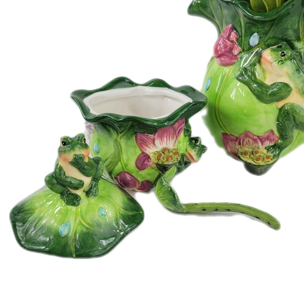 Cottage Style Ceramic Pitcher and Covered Sugar Set Floral and Frog