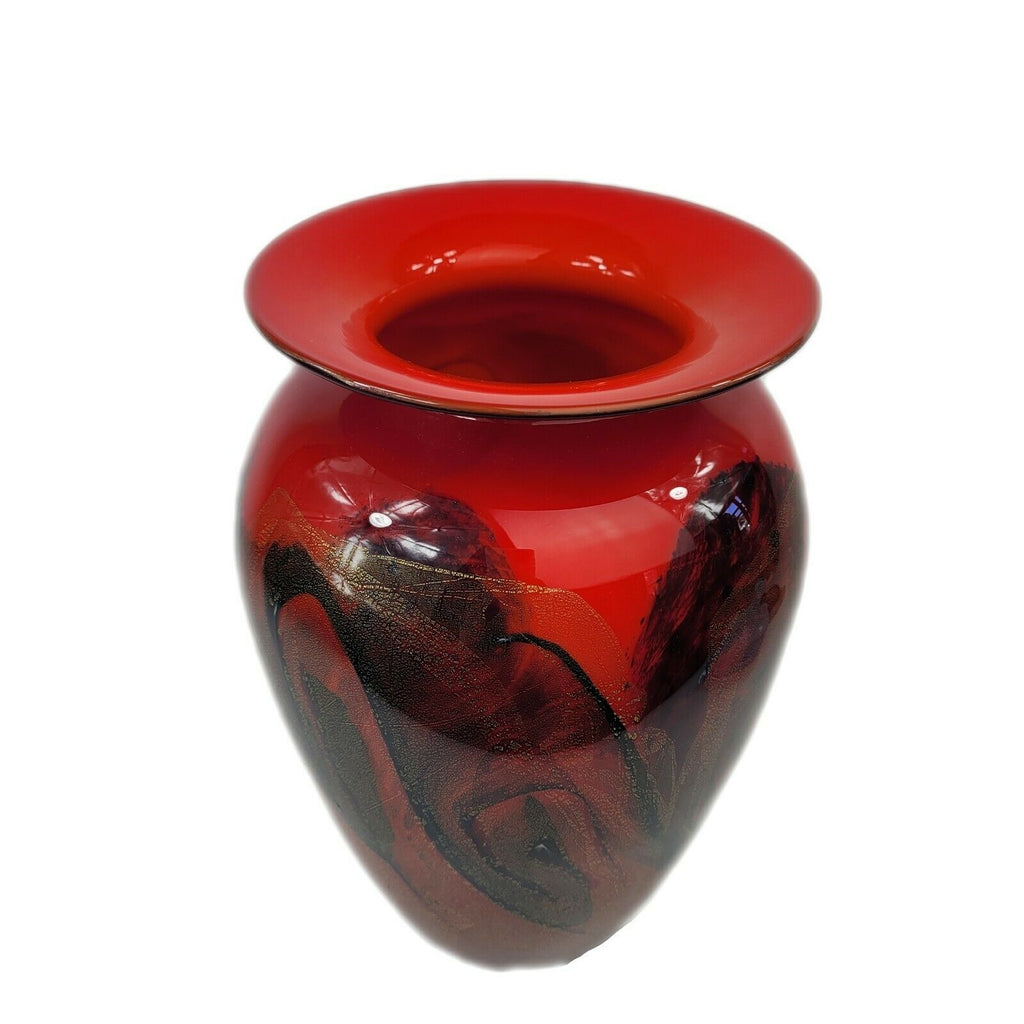 Signed Michael Nourot Hand Blown Red Satin Studio Art Glass Vase 10.5"