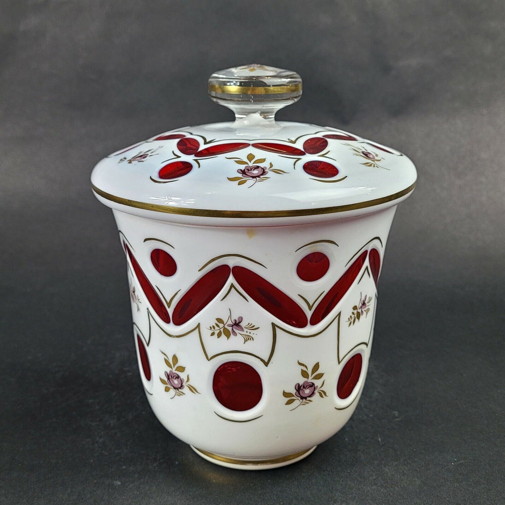 Hand Painted Bohemian Czech Cut To Clear Cranberry Art Glass Covered Jar
