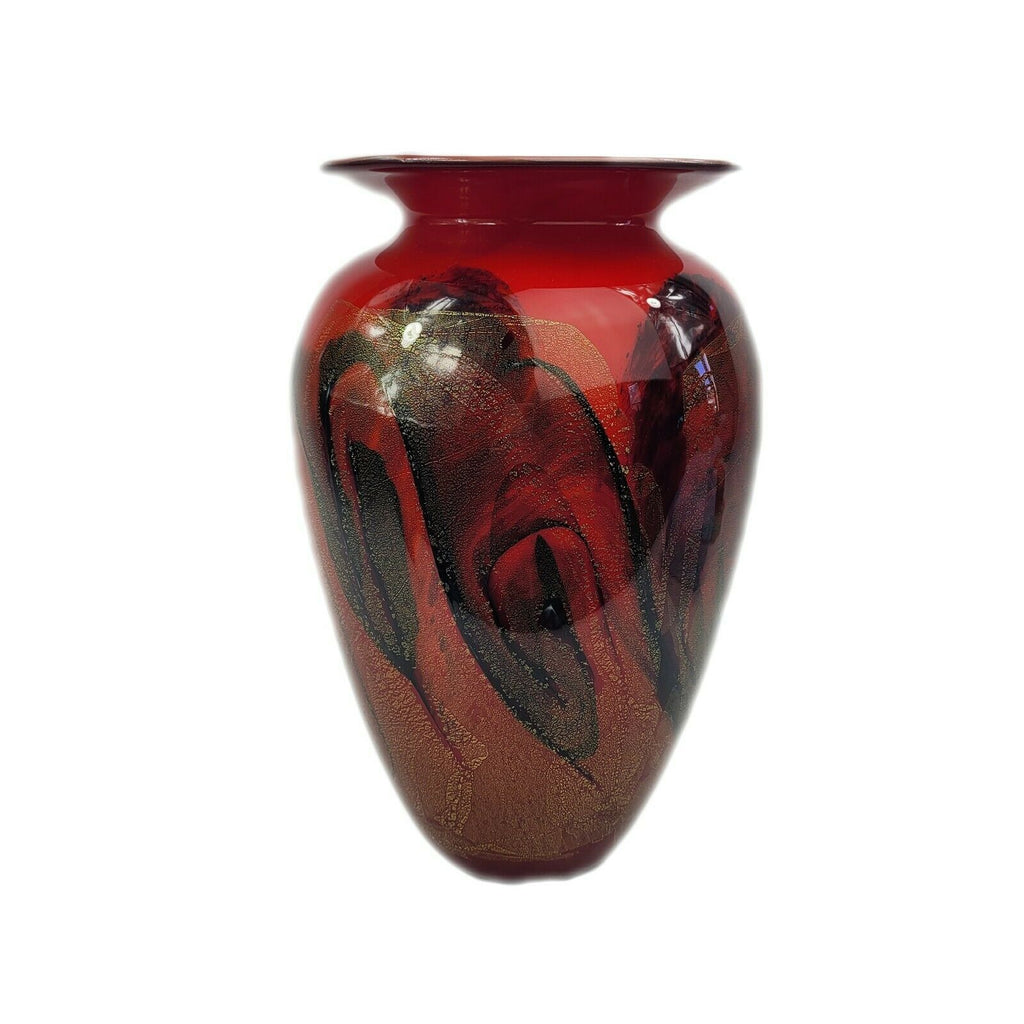 Signed Michael Nourot Hand Blown Red Satin Studio Art Glass Vase 10.5"