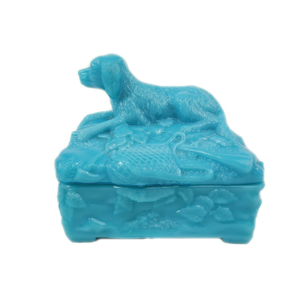 Antique Vallerysthal Milk Glass Hunting Dog Covered Candy Dish