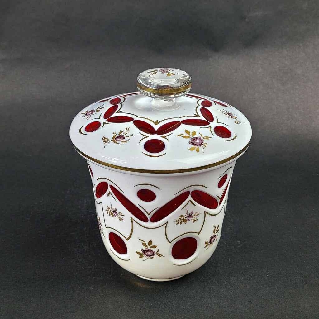 Hand Painted Bohemian Czech Cut To Clear Cranberry Art Glass Covered Jar