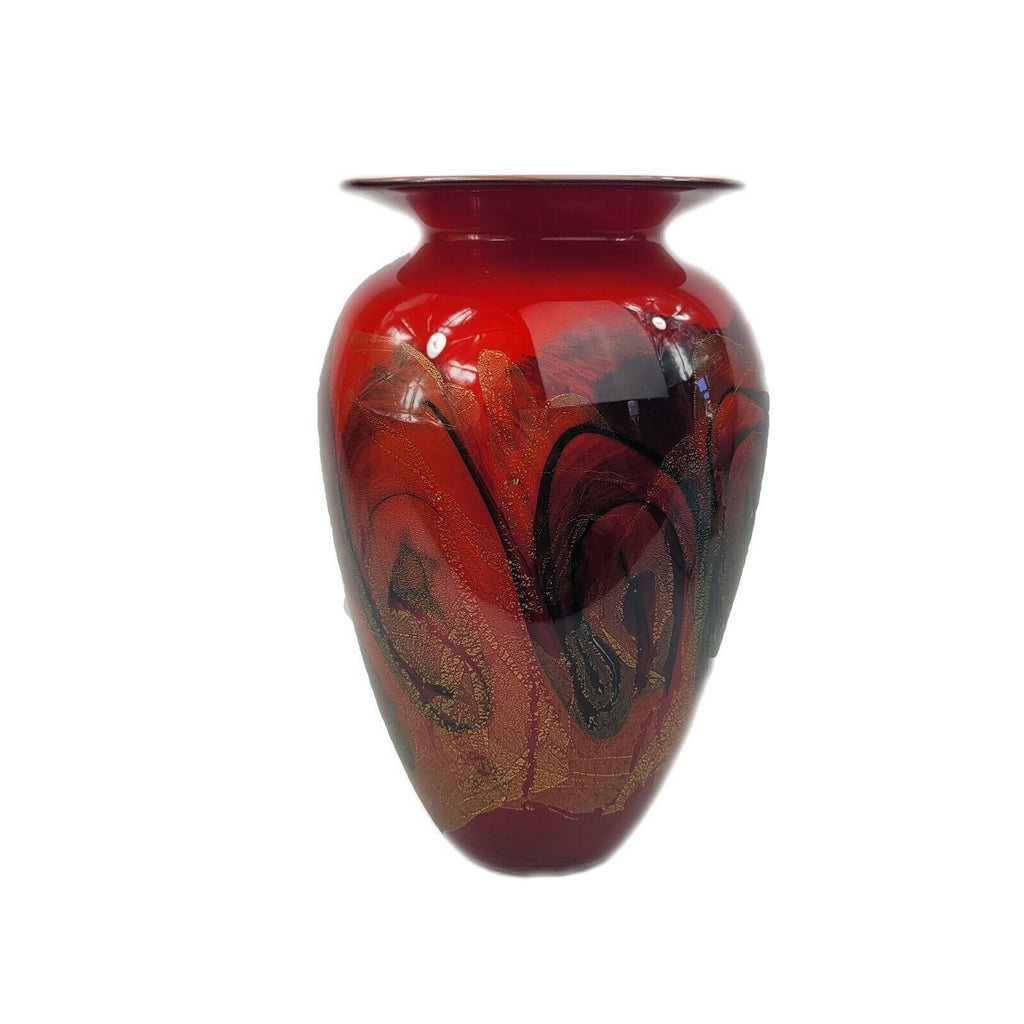 Signed Michael Nourot Hand Blown Red Satin Studio Art Glass Vase 10.5"