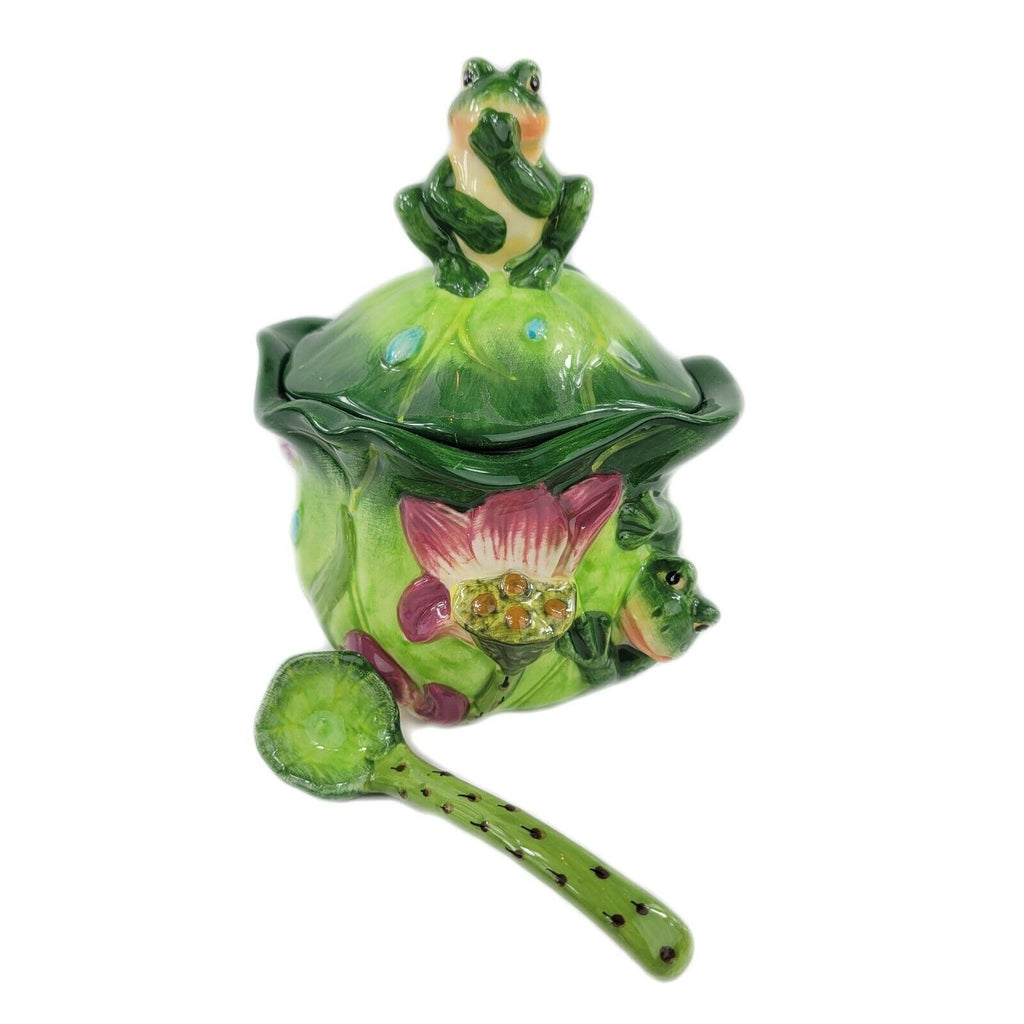 Cottage Style Ceramic Pitcher and Covered Sugar Set Floral and Frog