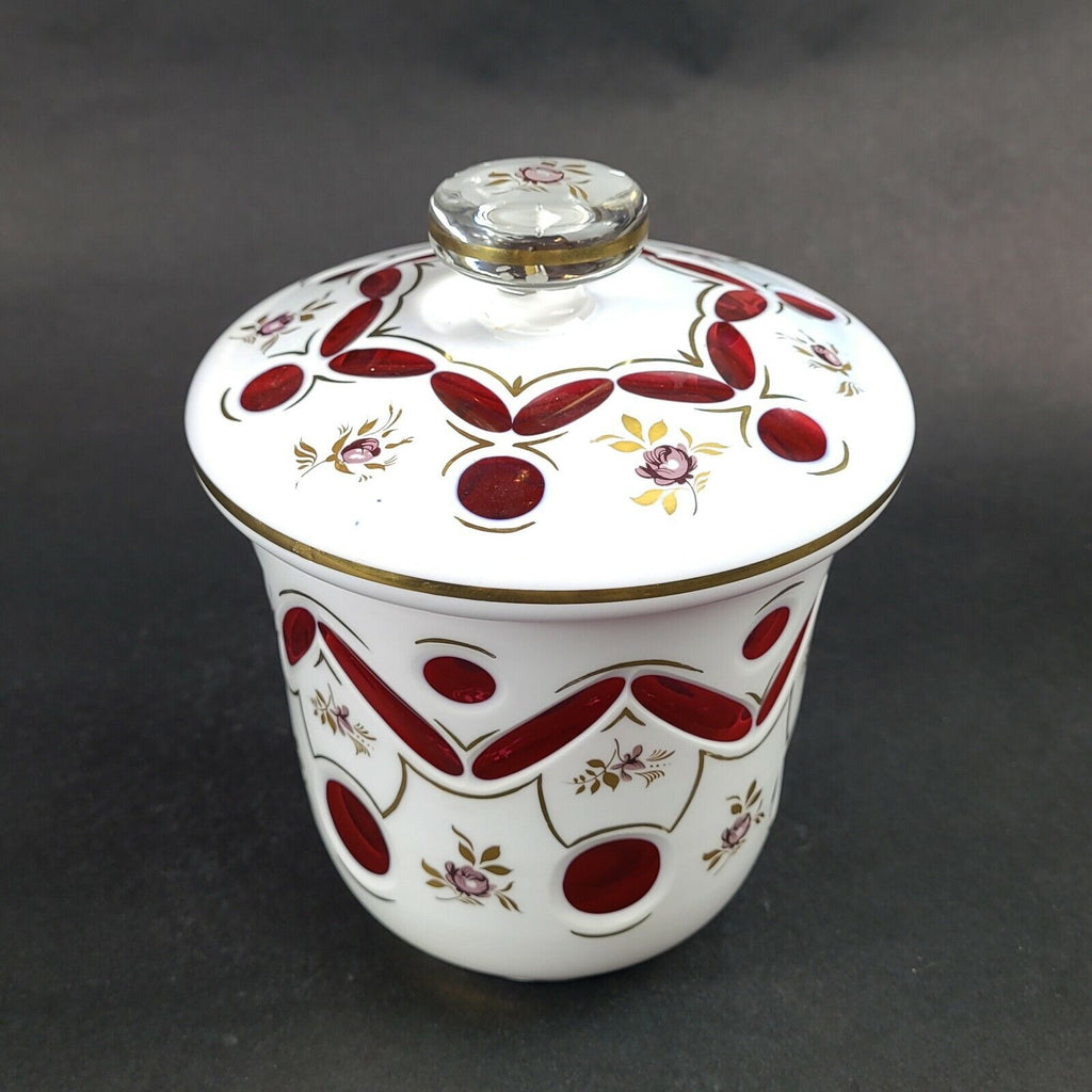 Hand Painted Bohemian Czech Cut To Clear Cranberry Art Glass Covered Jar