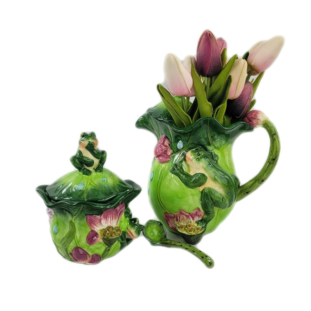 Cottage Style Ceramic Pitcher and Covered Sugar Set Floral and Frog