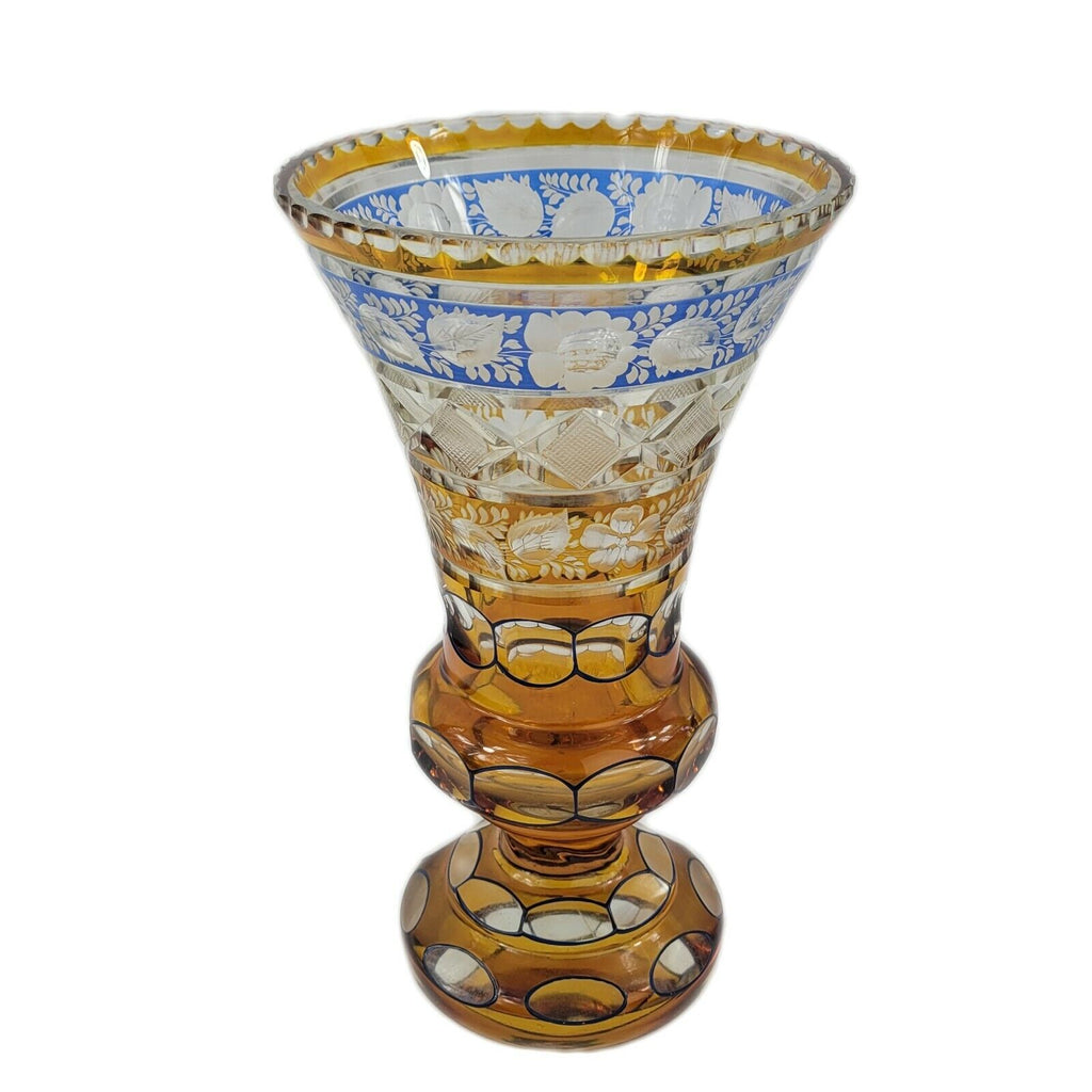 Moser Bohemian Czech Trumpet Vase Amber Cut to Clear