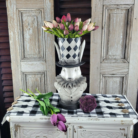 Black and White Check Table Runner Three Bunny Rabbit Pom Pom Tail 72"