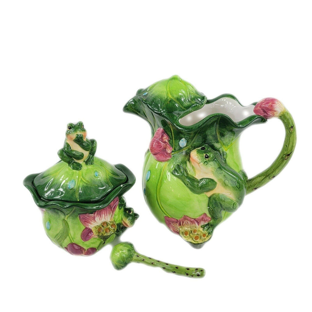Cottage Style Ceramic Pitcher and Covered Sugar Set Floral and Frog