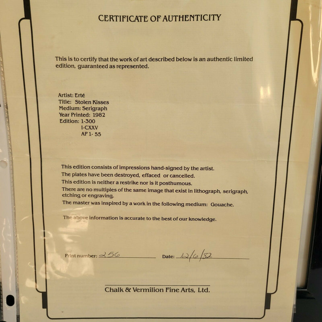 Erte Serigraph Stolen Kisses Hand Signed & Numbered Framed with Glass and COA