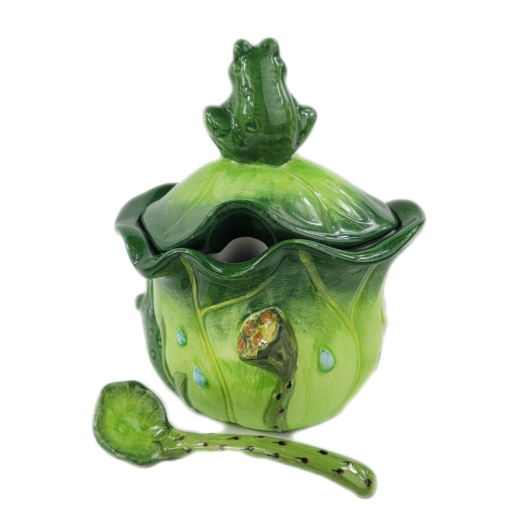 Cottage Style Ceramic Pitcher and Covered Sugar Set Floral and Frog