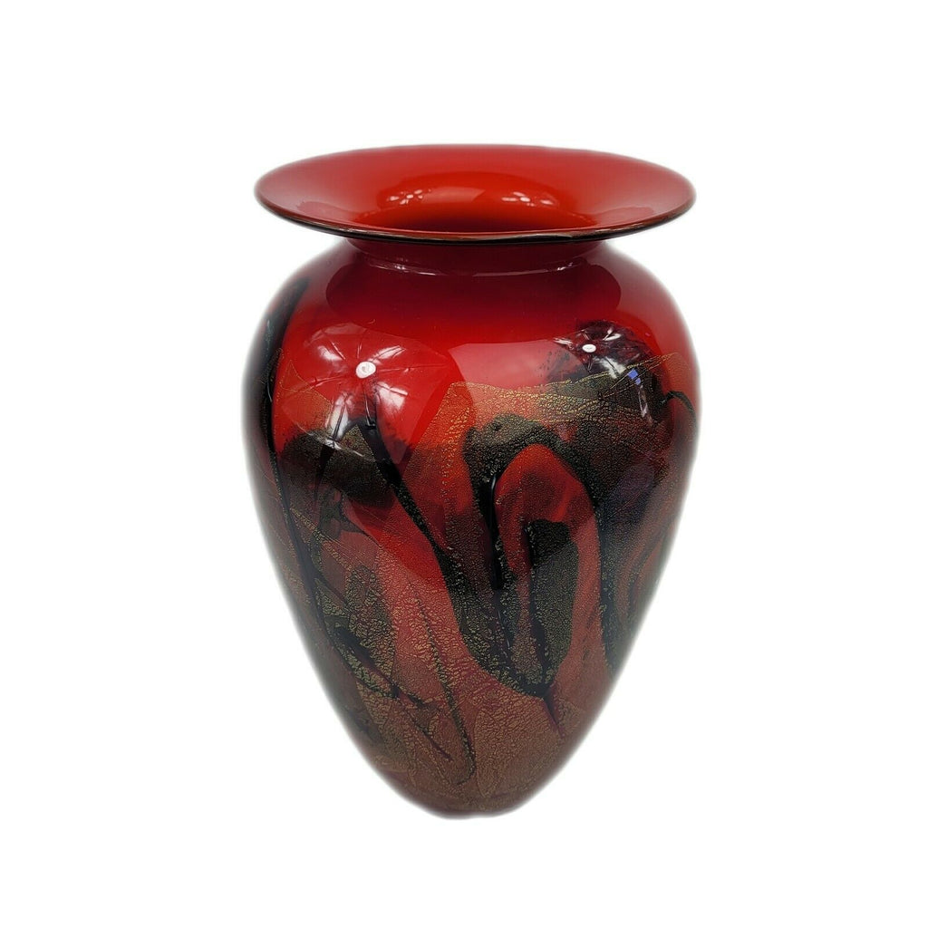 Signed Michael Nourot Hand Blown Red Satin Studio Art Glass Vase 10.5"