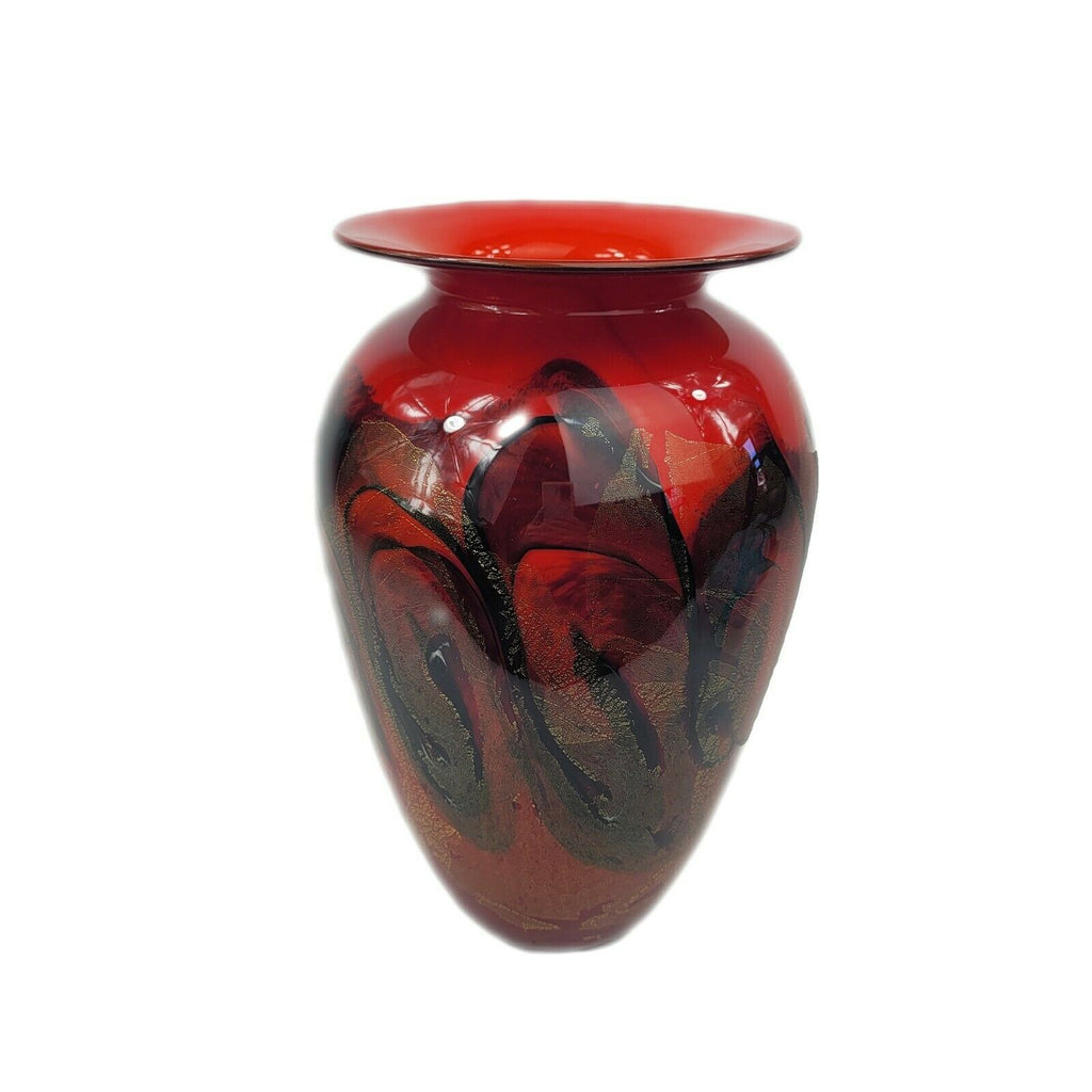 Signed Michael Nourot Hand Blown Red Satin Studio Art Glass Vase 10.5"
