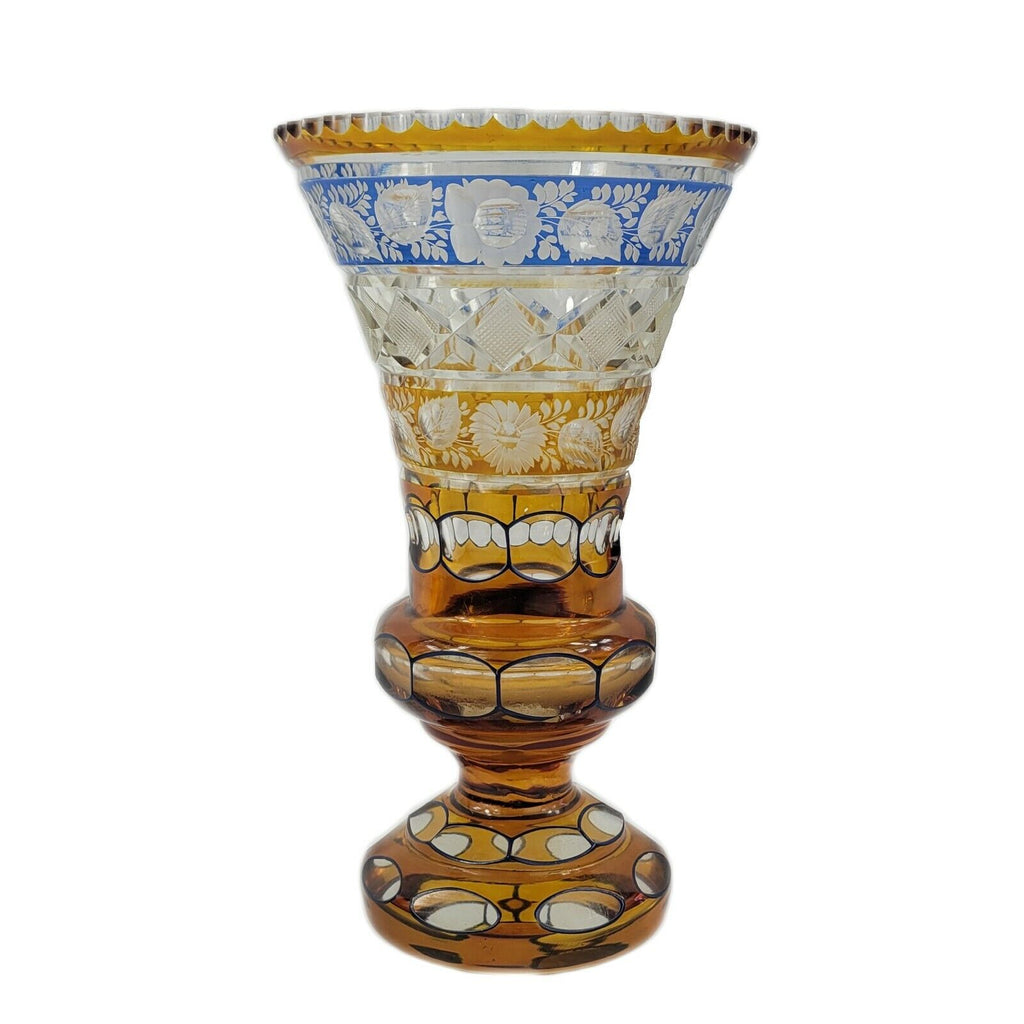Moser Bohemian Czech Trumpet Vase Amber Cut to Clear