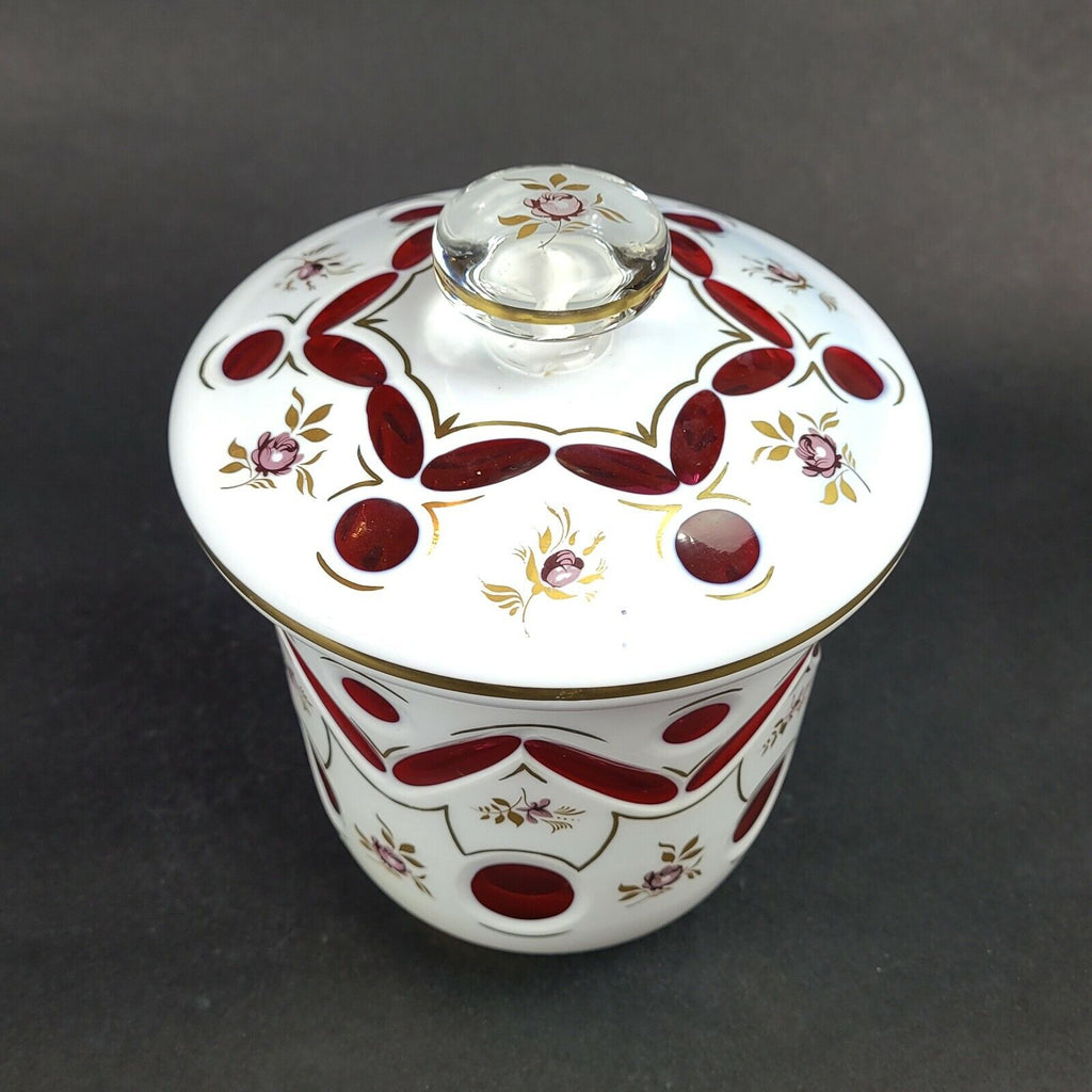Hand Painted Bohemian Czech Cut To Clear Cranberry Art Glass Covered Jar