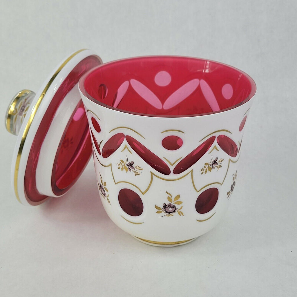 Hand Painted Bohemian Czech Cut To Clear Cranberry Art Glass Covered Jar