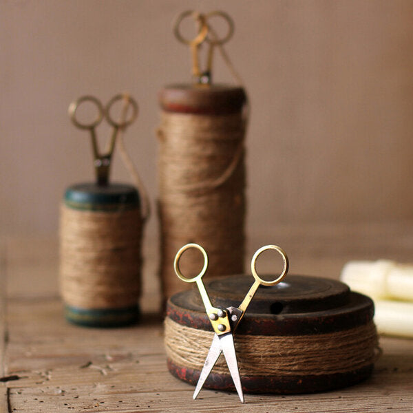 Wooden Spools of Jute Paired With Scissors Set of 3