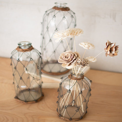 Tall Wire and Wicker Wrapped Glass Bottles Set of 3