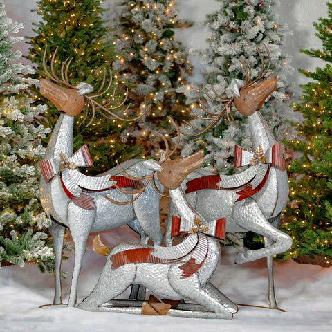 Galvanized Metal Reindeer with Bows and Bells Set of 3