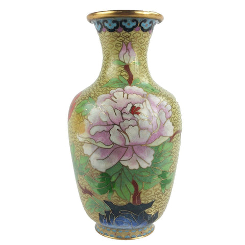 Antique Brass Champleve Cloisonne Vase with Floral Pattern