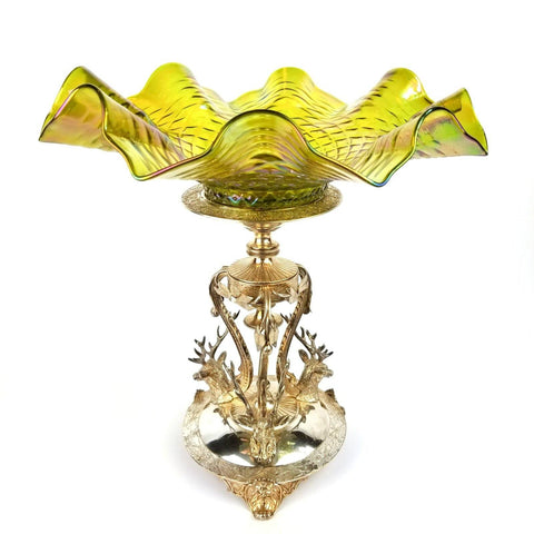 Antique Bride's Basket with Diamond Optic Glass Bowl & Silver Figural Elk Stand
