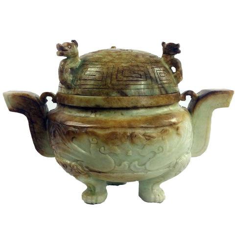 Antique Chinese Carved Jadeite Censer Covered Vessel or Pot