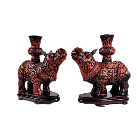 Antique Chinese Cinnabar Rhinoceros Pair Figure With Ku Shaped Vase Circa 1850