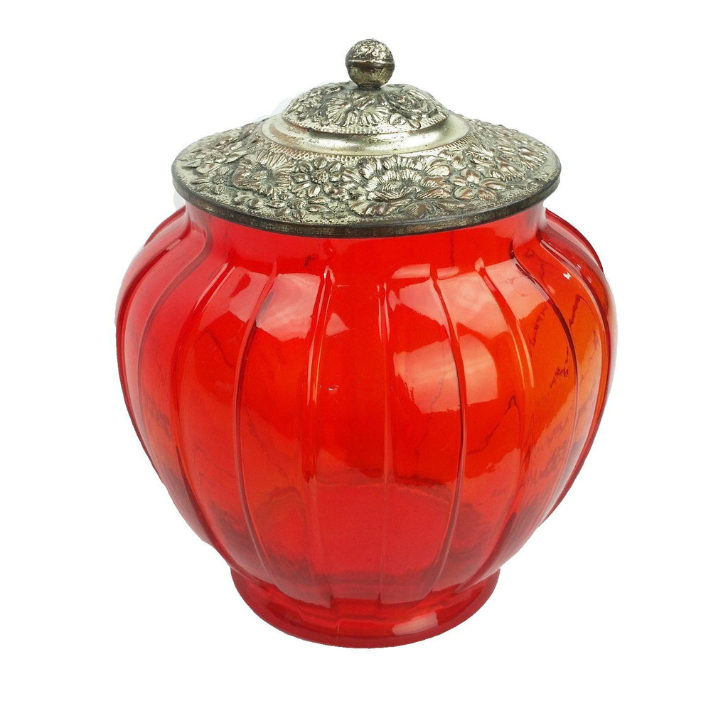 Antique Consolidated Glass Co Pigeon Blood Torquay Silverplate Biscuit Jar