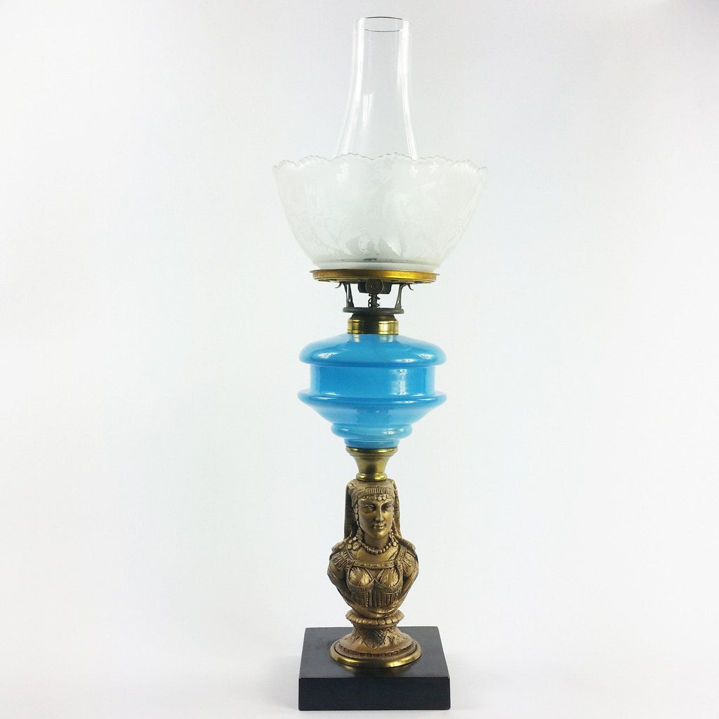Antique Figural Bust Kerosene Oil Lamp Blue Glass Etched Shade