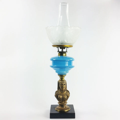 Antique Figural Bust Kerosene Oil Lamp Blue Glass Etched Shade