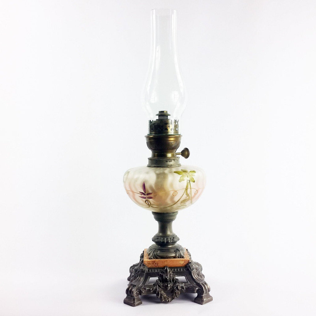 Antique French Spelter Kerosene Oil Lamp Pink Glass Depose France