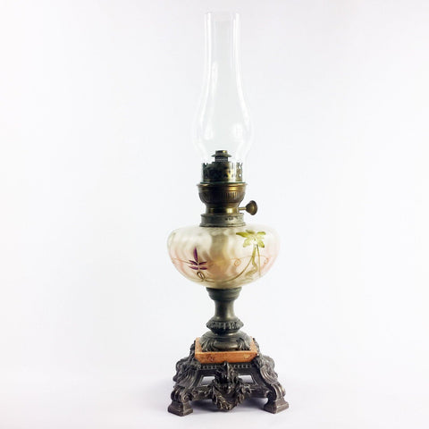 Antique French Spelter Kerosene Oil Lamp Pink Glass Depose France