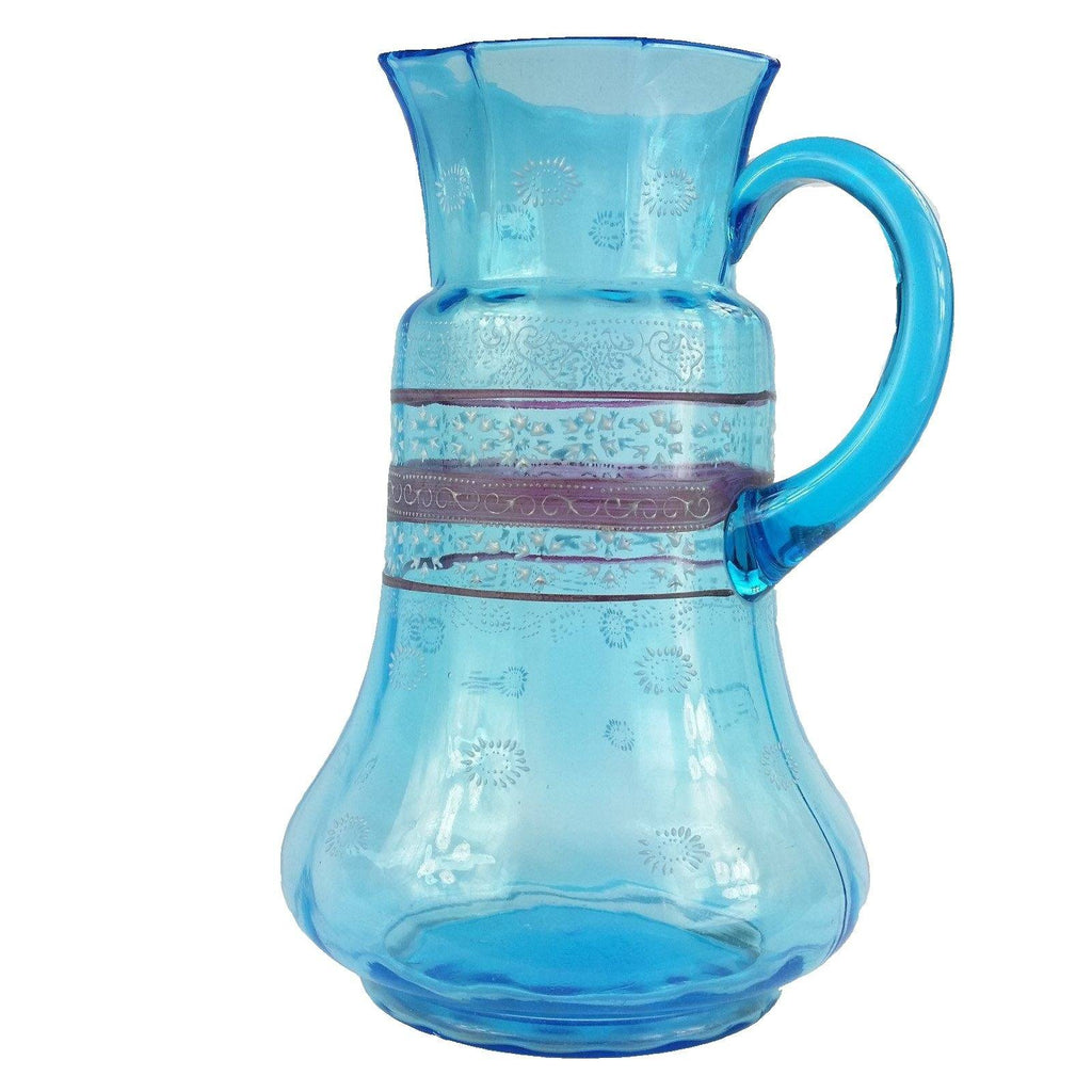 Antique Glass Pitcher Hand Painted with Enamel Flowers