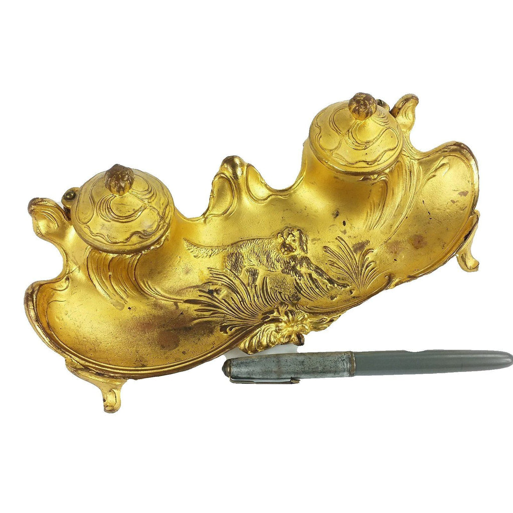 Antique JB Jennings Brothers Metal Spaniel Hunting Dog Inkwell