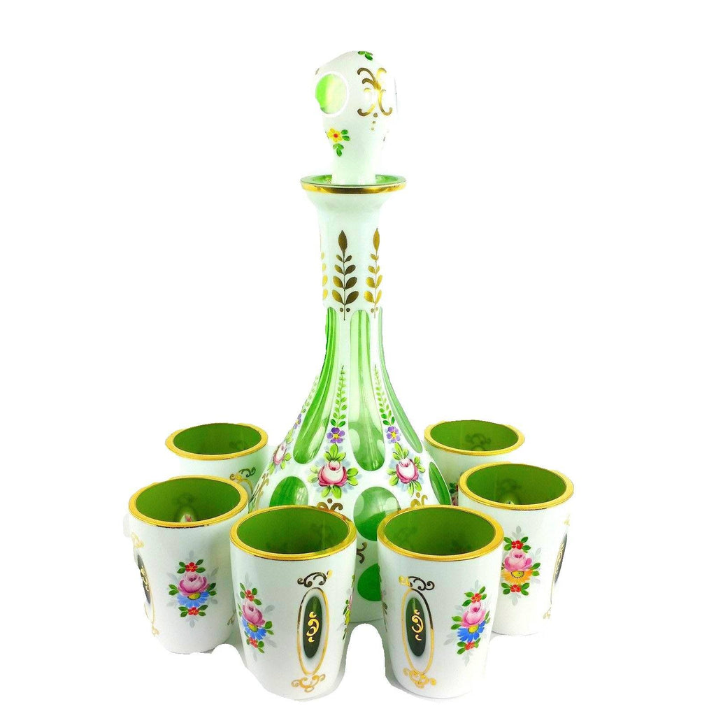 Antique Moser Glass Decanter Set White Overlay Cut to Green