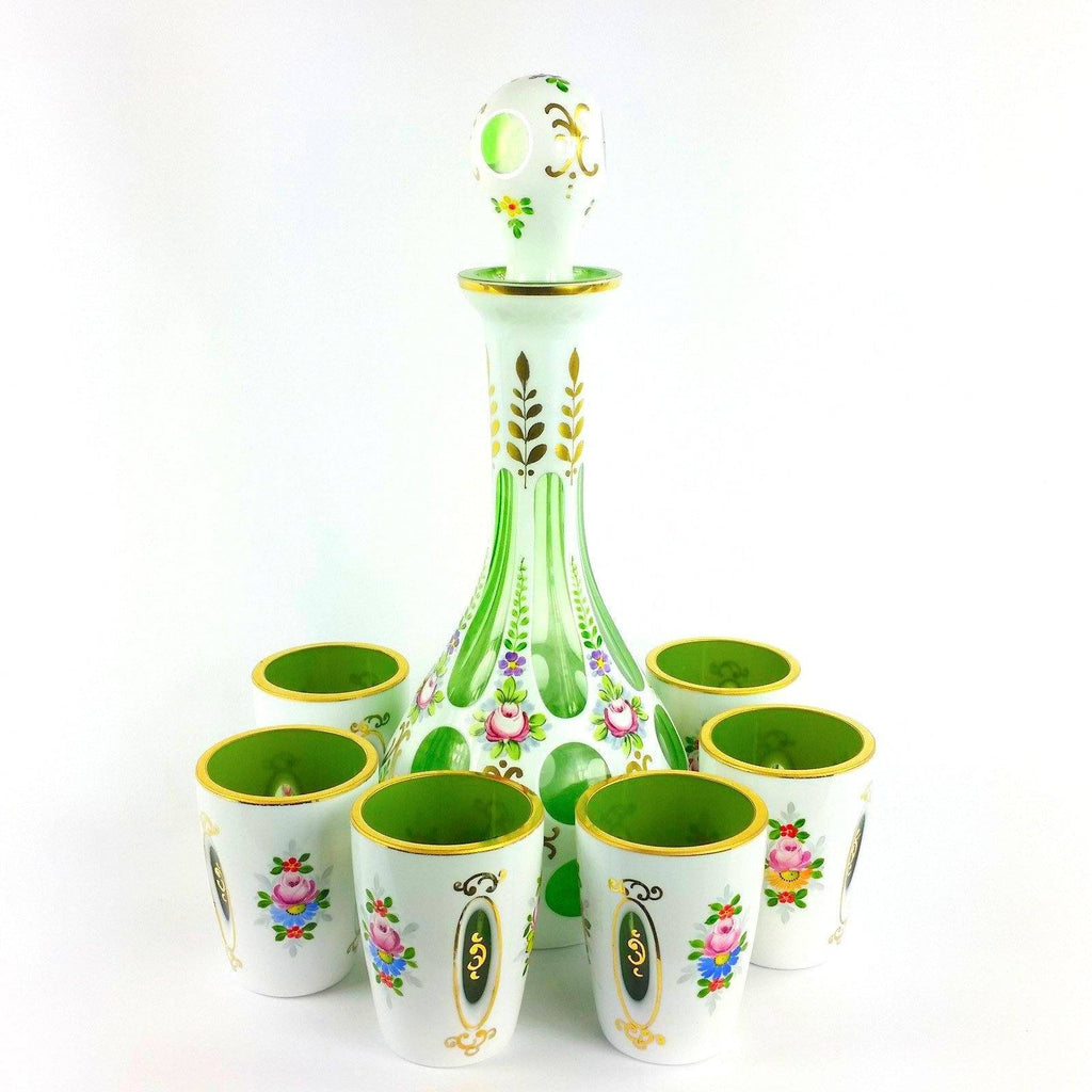 Antique Moser Glass Decanter Set White Overlay Cut to Green