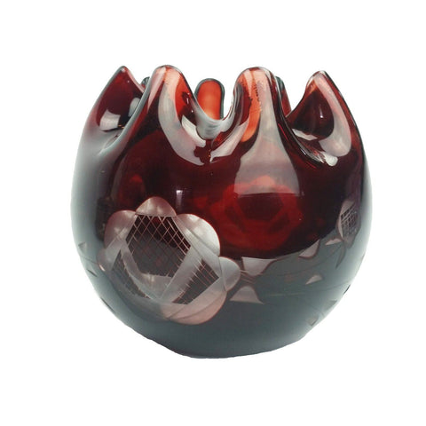 Antique Ruby Red Cut To Clear Bohemian Czech Art Glass Rose Bowl