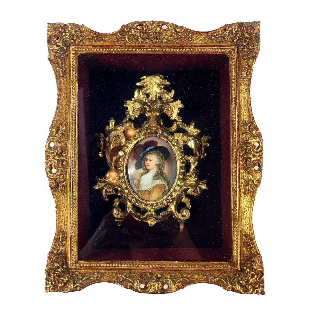 Antique Shadow Box With Gold Rococo Frame and Porcelain