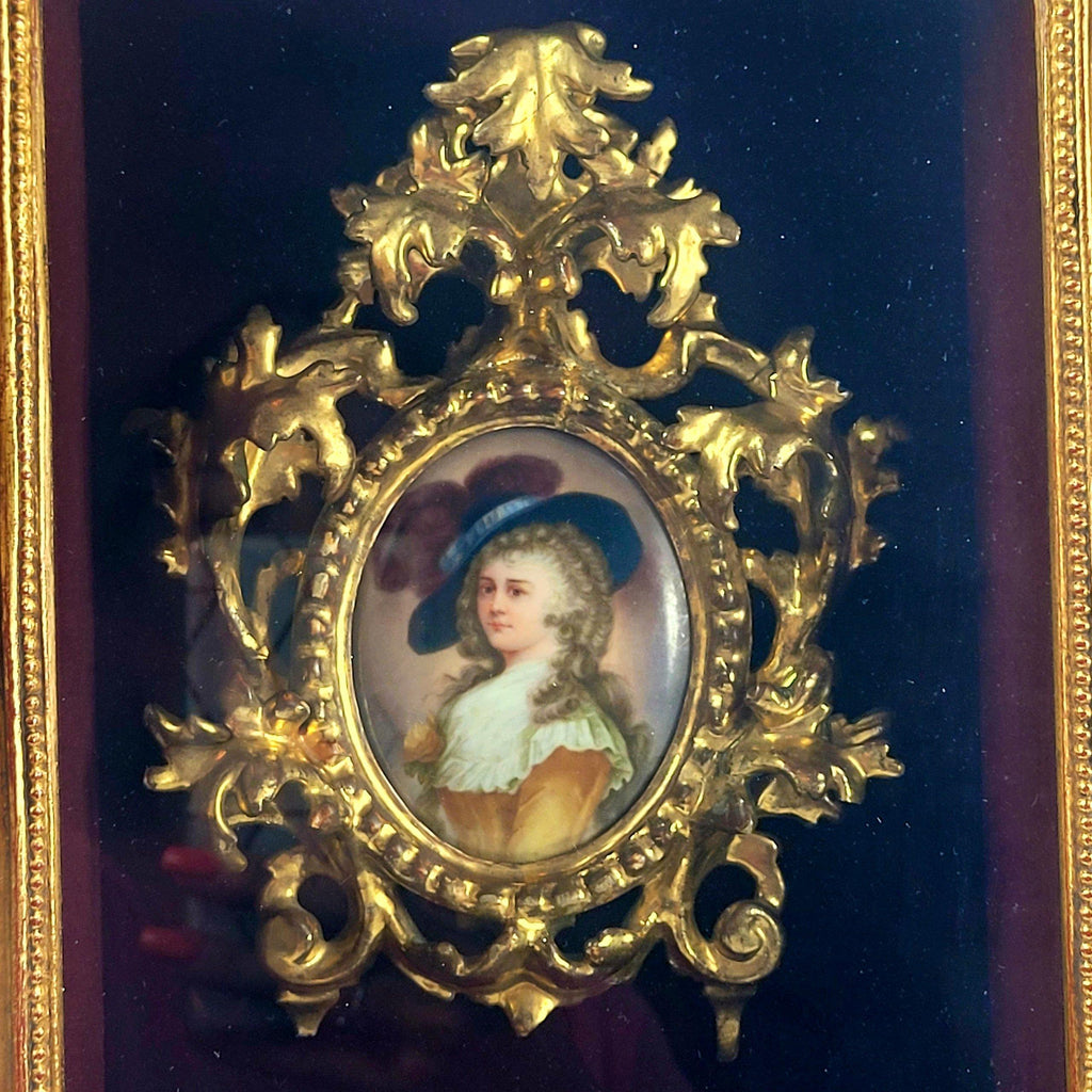 Antique Shadow Box With Gold Rococo Frame and Porcelain
