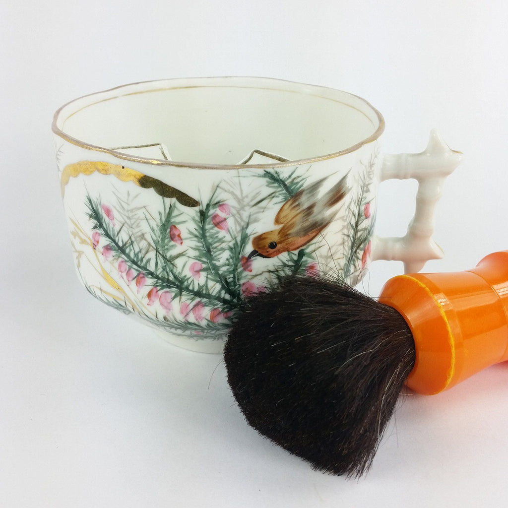 Antique Shaving Or Mustache Mug With Winter Bird And Brush