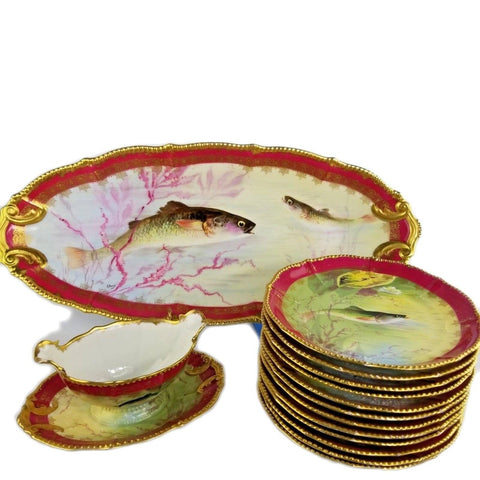 Antique Signed Barbarin Limoges Porcelain Fish Platter And Plate Serving Set
