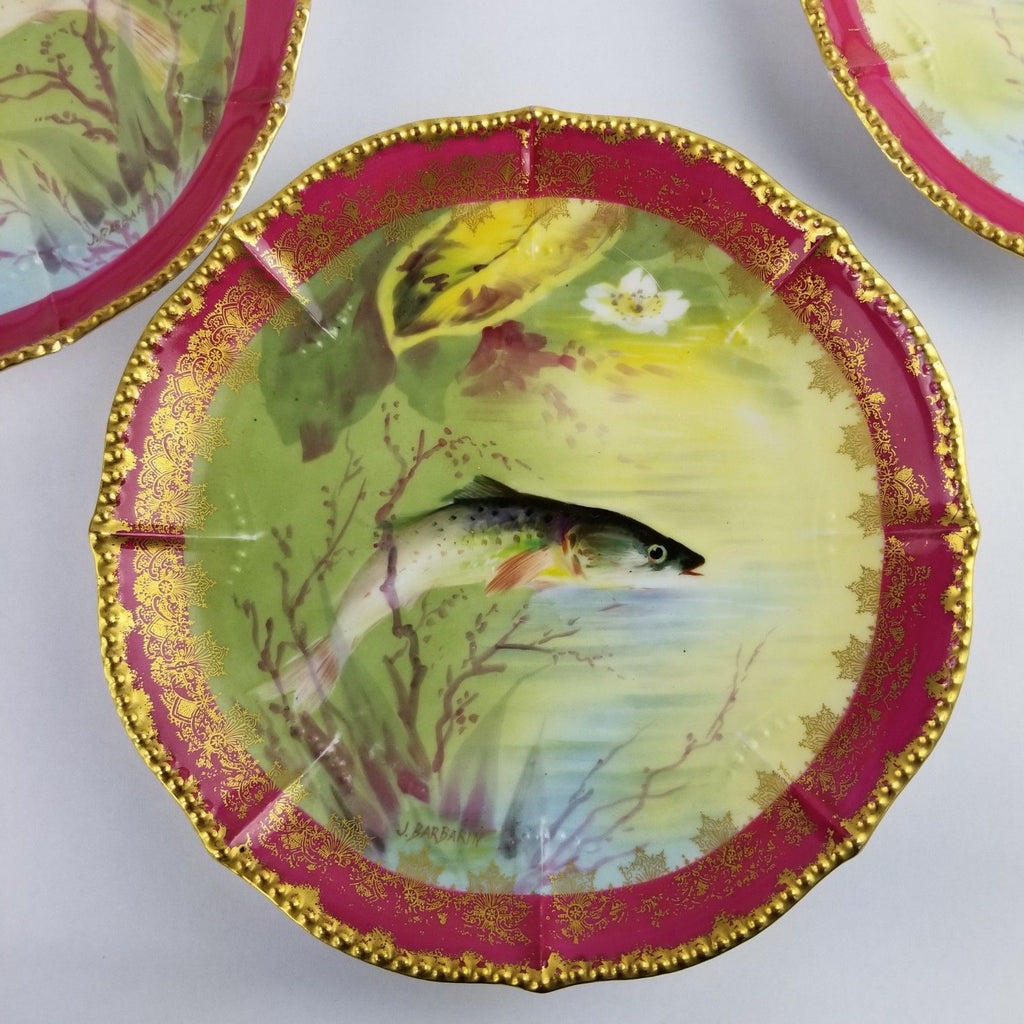 Antique Signed Barbarin Limoges Porcelain Fish Platter and Plate Serving Set