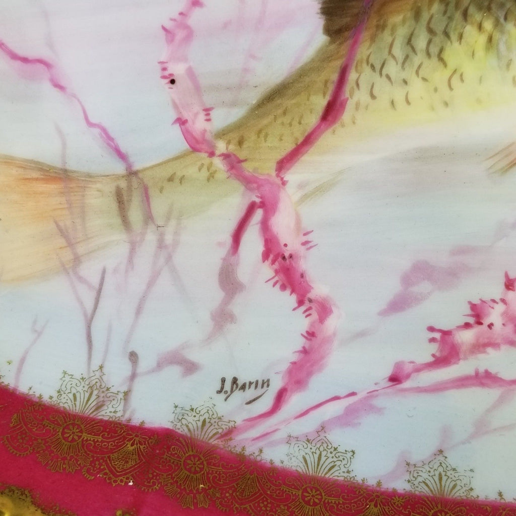 Antique Signed Barbarin Limoges Porcelain Fish Platter and Plate Serving Set