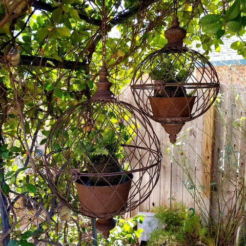Antique Style Metal Wire Hanging Orb Planter Cages Set of 2