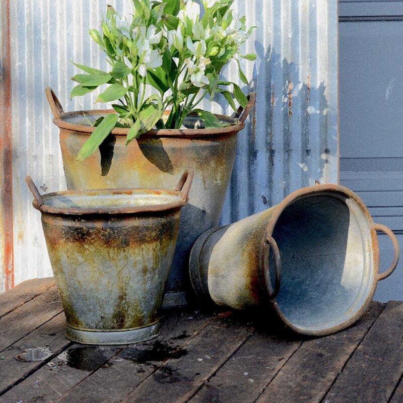 Antique Style Oval Metal Utility Bucket Pots With Handles Set Of 3