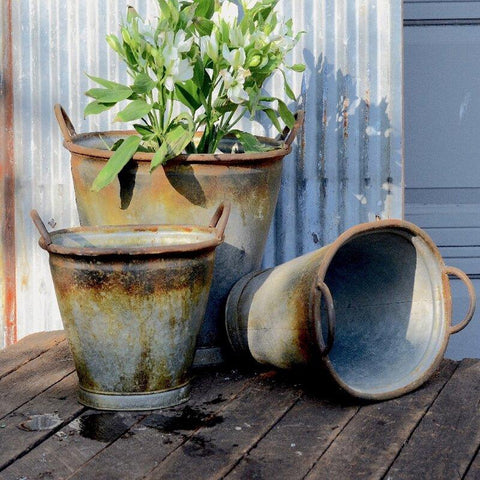 Antique Style Oval Metal Utility Bucket Pots With Handles Set Of 3