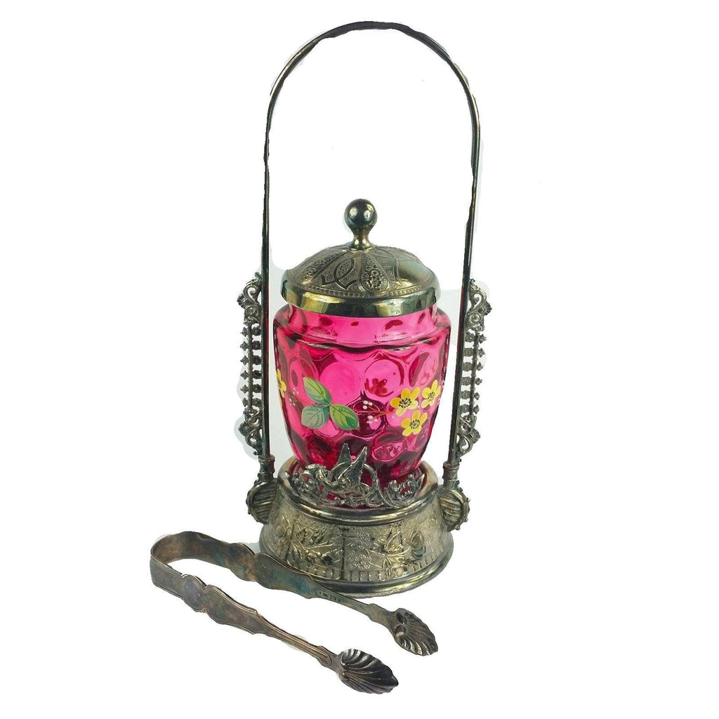 Antique Victorian Cranberry Glass Thumbprint Pickle Castor