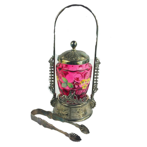 Antique Victorian Cranberry Glass Thumbprint Pickle Castor