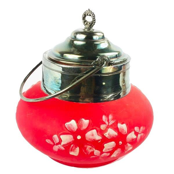 Antique Victorian Pigeon Blood Apple Blossom Biscuit Jar