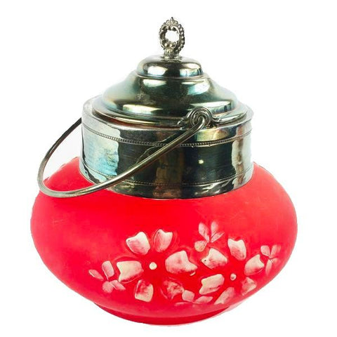 Antique Victorian Pigeon Blood Apple Blossom Biscuit Jar